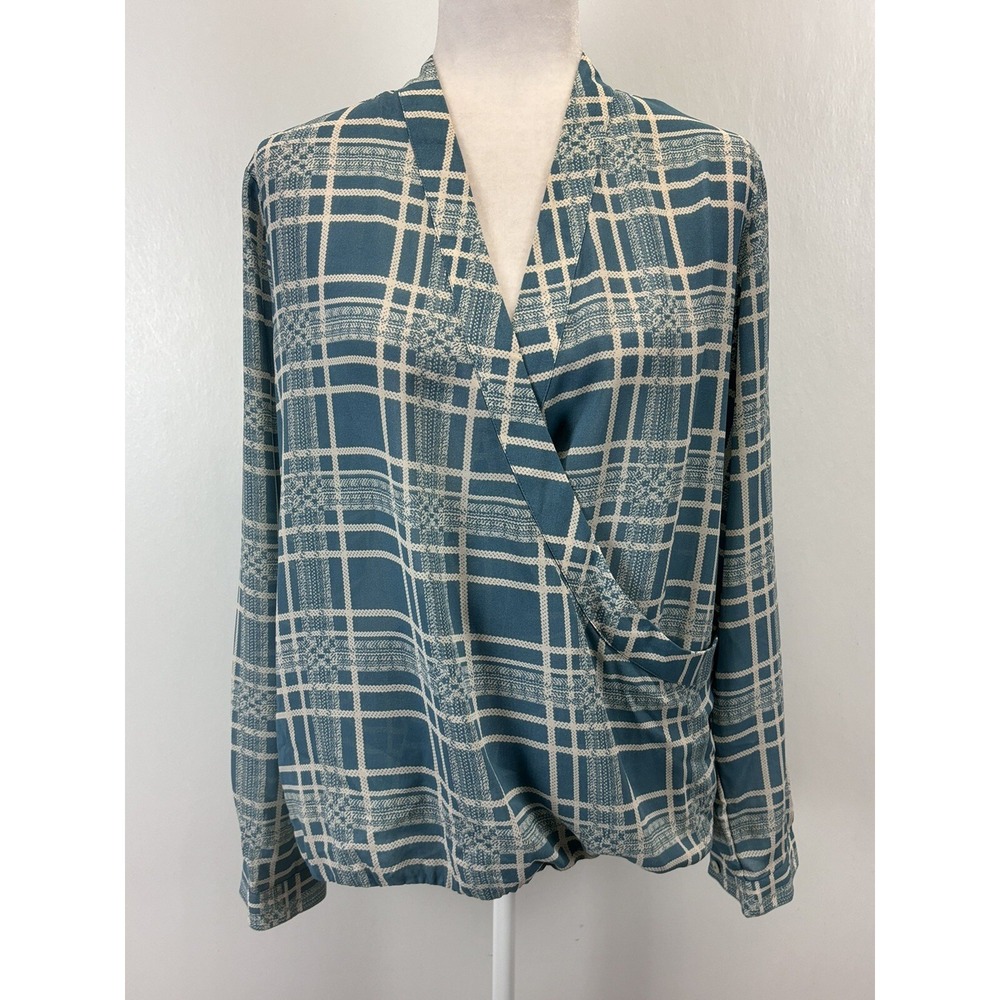 CAbi Women's M Windowpane Plaid Wrap Front Blouse Teal Off White Chiffon #3068